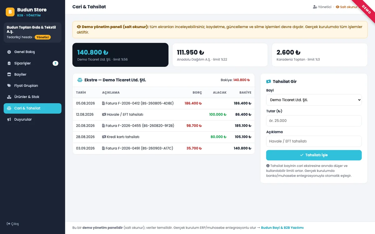 Budun B2B cari ekstre ve tahsilat ekranı