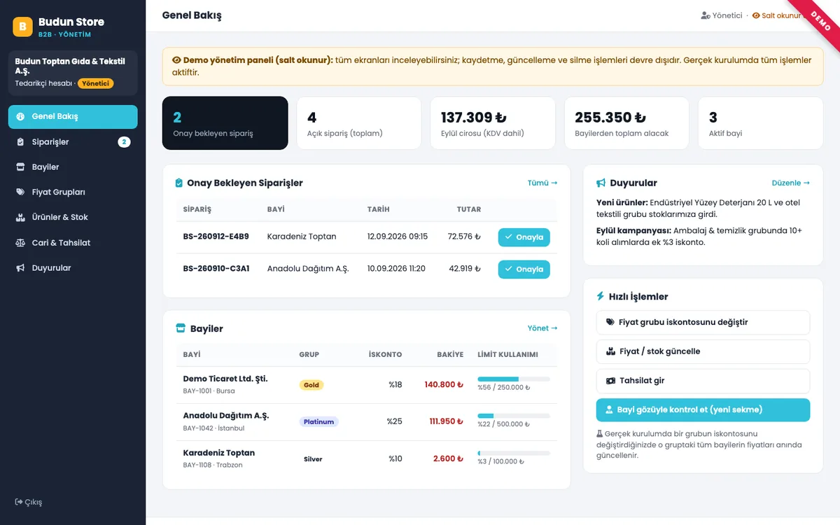 Budun B2B tedarikçi yönetim paneli
